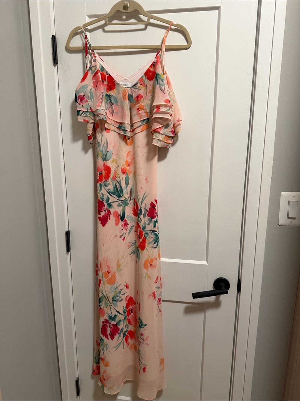 Calvin Klein Peach Floral Ruffle Maxi Dress